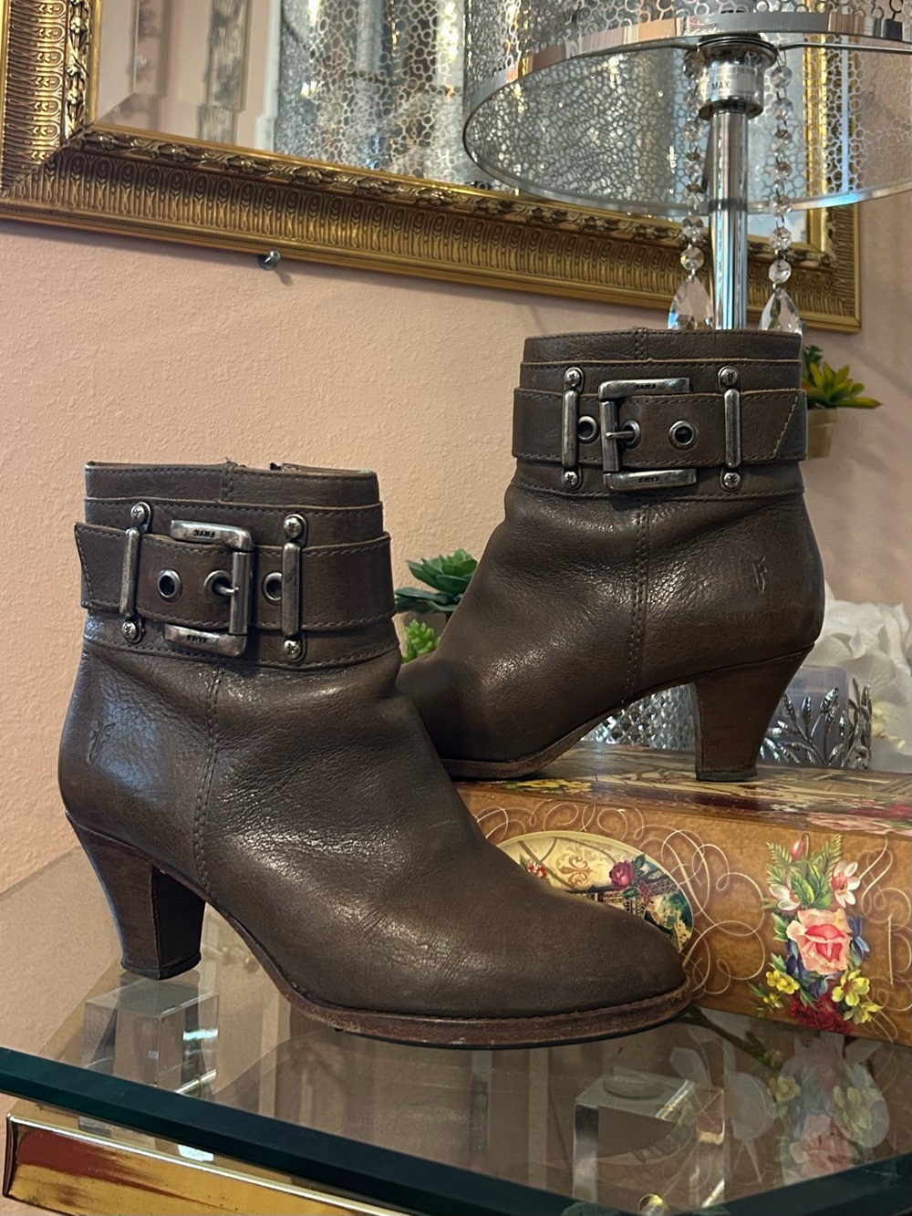 Vintage Frye Brown Leather Kitten Heel Ankle Boots with Buckle Strap & Zipper